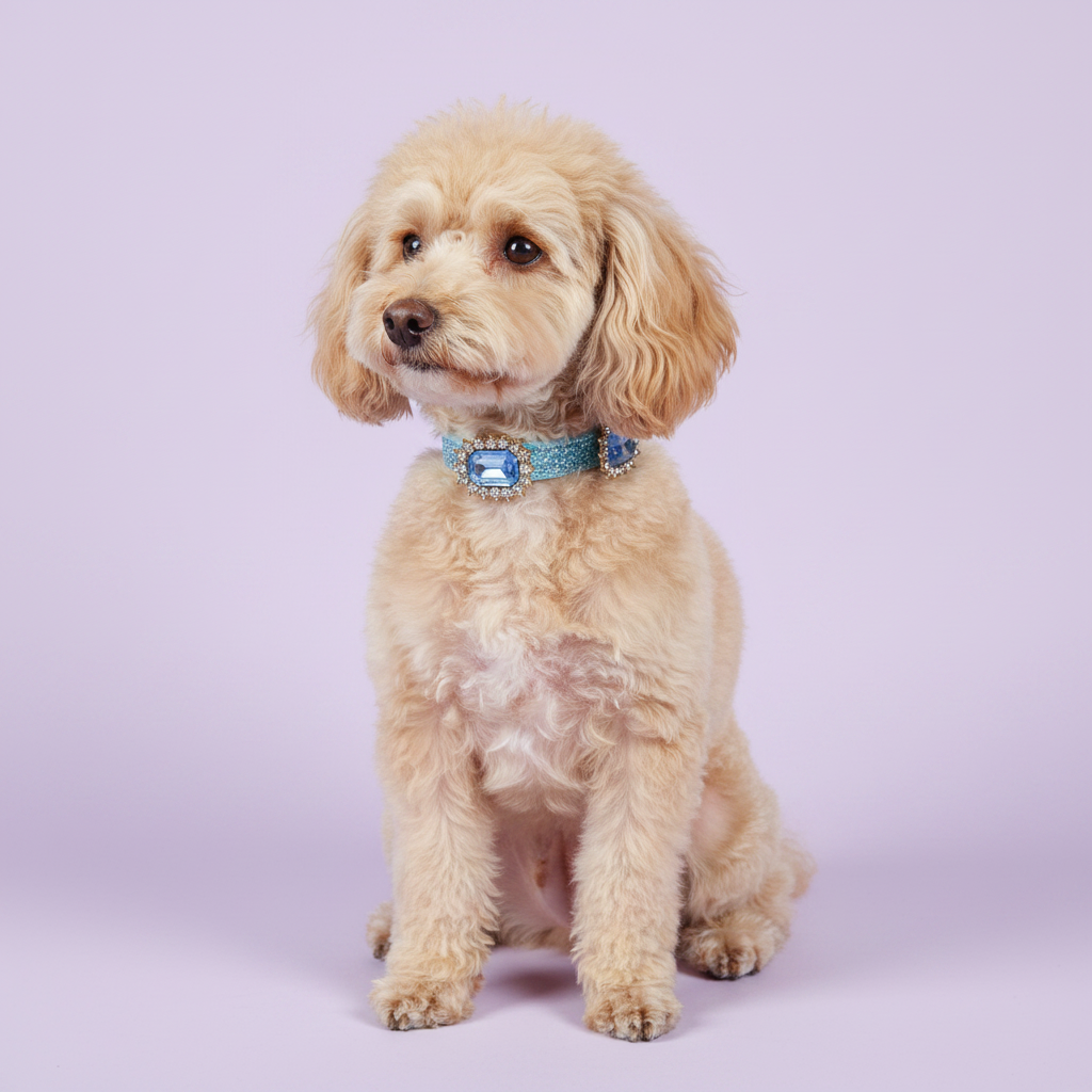 Apricot Toy Poodle wearing a blue sapphire crystal rhinestone dog collar