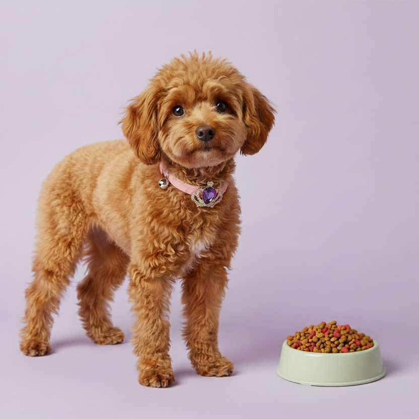 Toy Poodle standing beside sage green pet bowl wearing blush pink crown collar with purple amethyst gem — luxury small dog bowl and collar