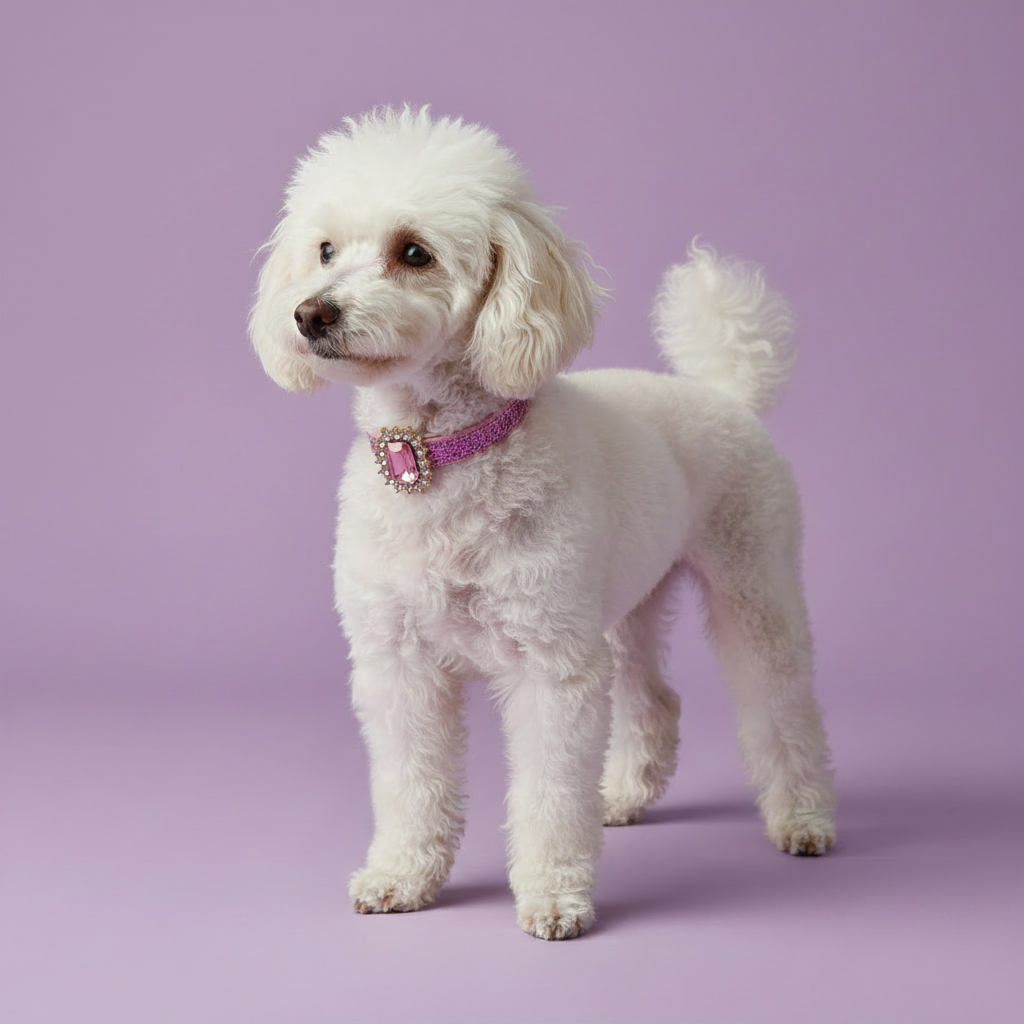 White Toy Poodle wearing a pink crystal rhinestone dog collar