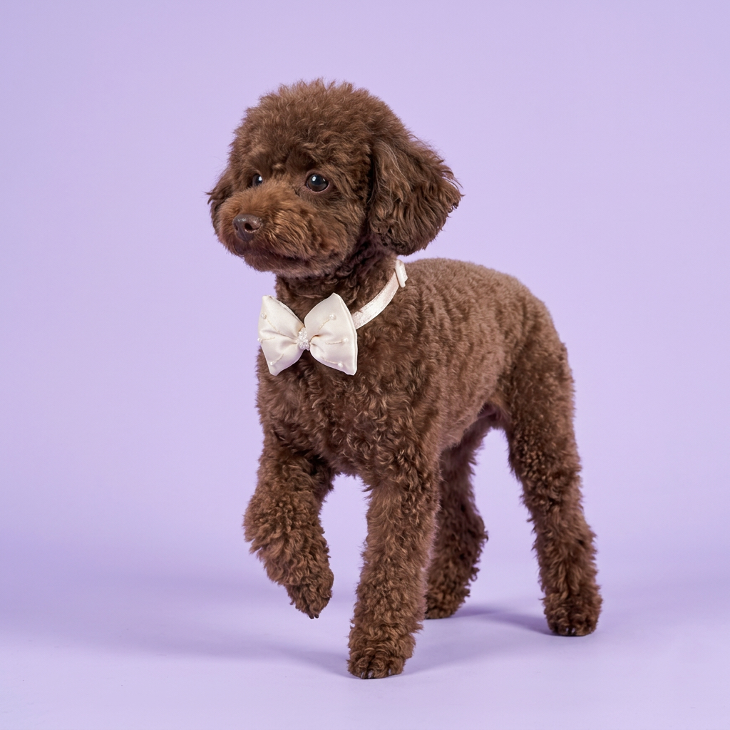 Toy poodle stepping in ivory bow collar
