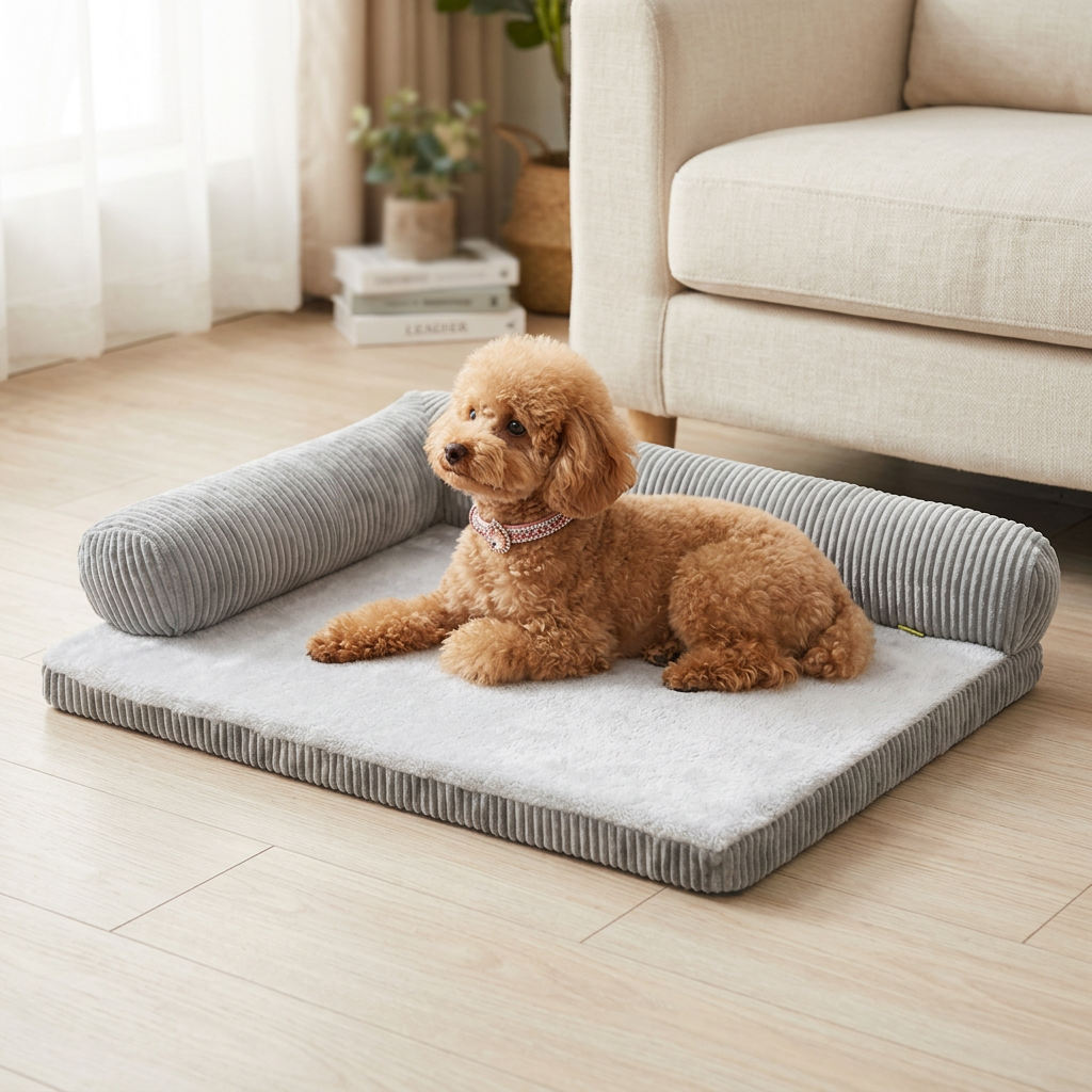 Toy poodle wearing pink collar on gray corduroy pet bed