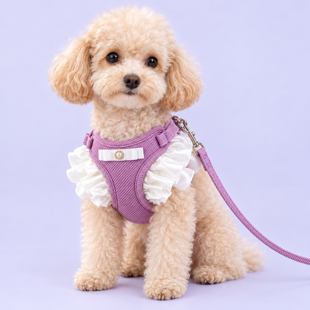 Toy poodle wearing purple ruffled harness and leash