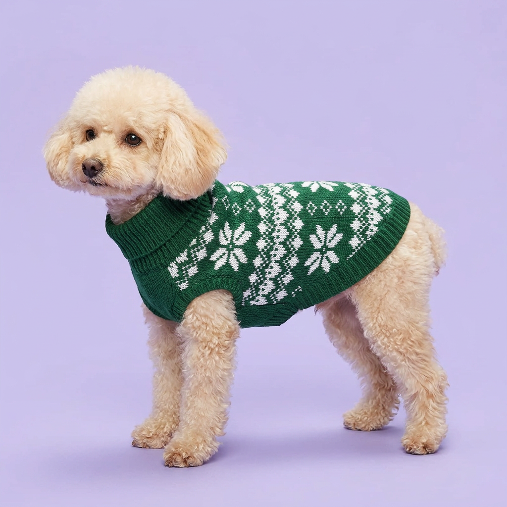 Toy poodle wearing the green snowflake sweater