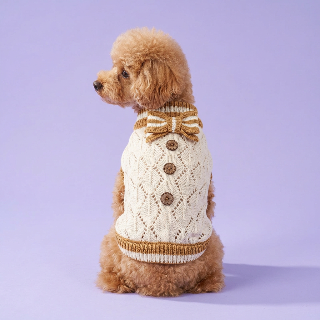Toy poodle wearing the ivory knit sweater on lavender