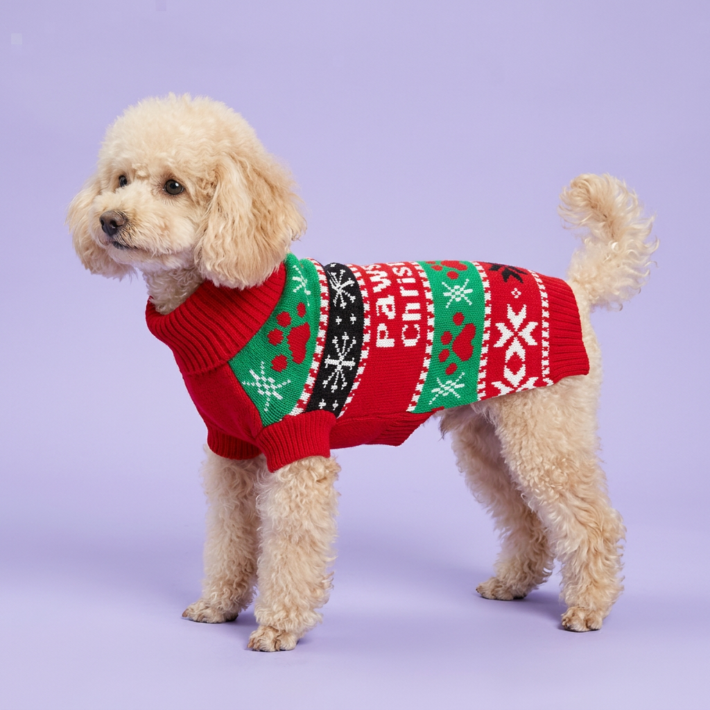 Toy poodle wearing the Pawsome Christmas sweater