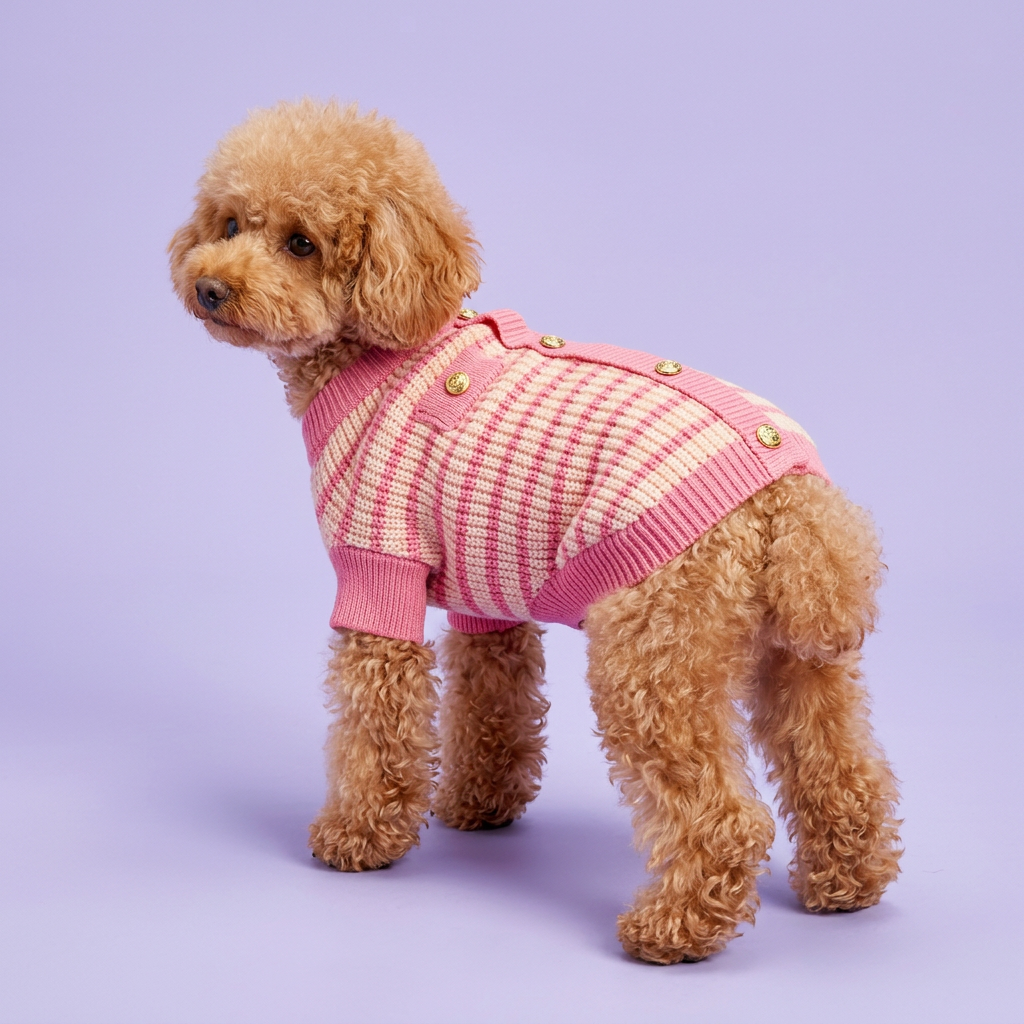 Toy poodle wearing the pink-and-cream sweater