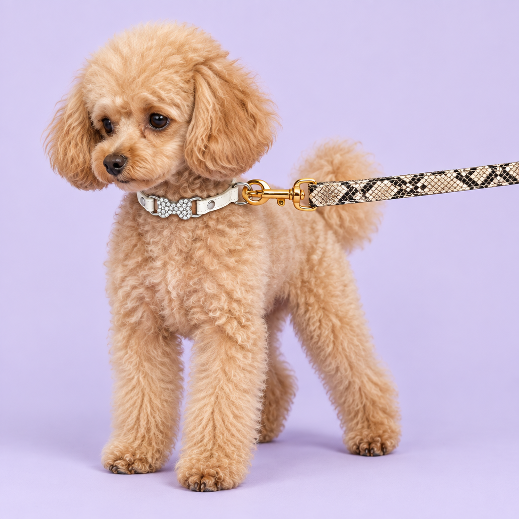 Toy poodle with ivory bone collar and beige snakeskin leash