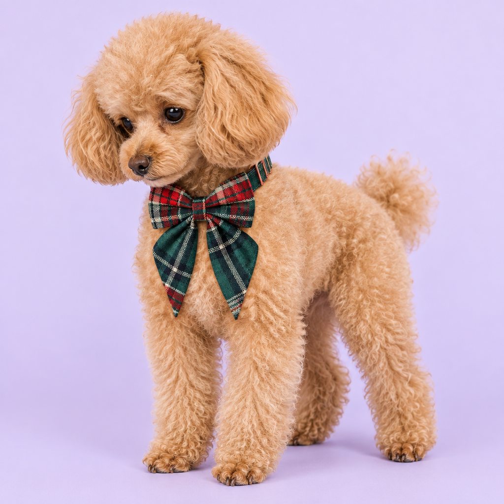 Toy poodle with long-tail plaid bow collar