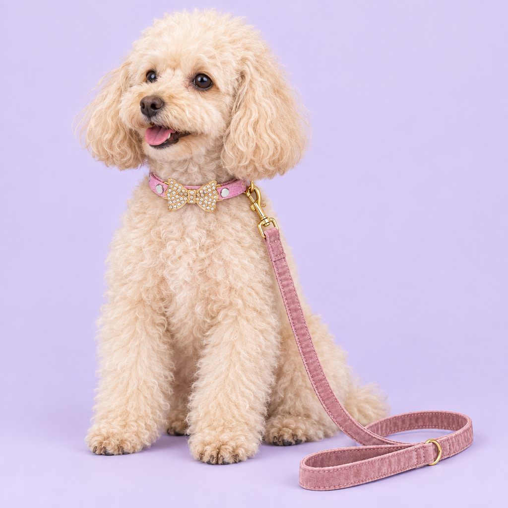Toy poodle with pink leash and gold bow collar