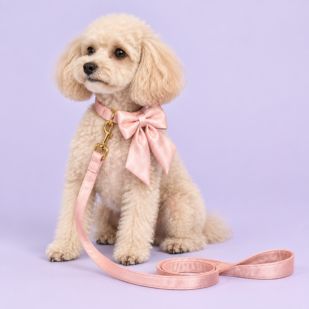 Toy Poodle with scaled-down silky pink long-tail bow and leash