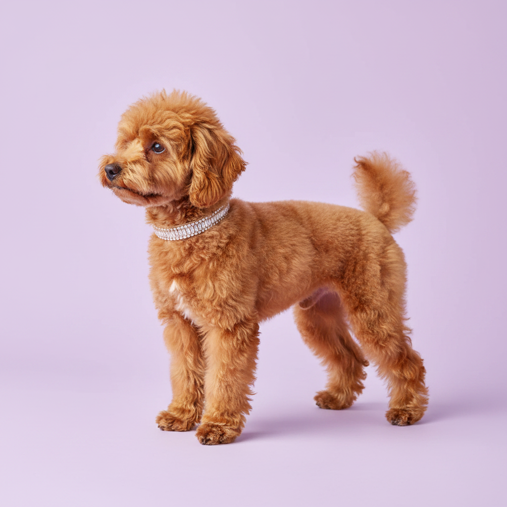 Pretty Posh Pets luxury rhinestone dog collar — an apricot Toy Poodle in a side profile standing pose wearing a white leather collar with emerald-cut clear crystal baguette gemstones bordered by sparkling round rhinestones in rose gold, gazing gently to the side against a soft lavender background.