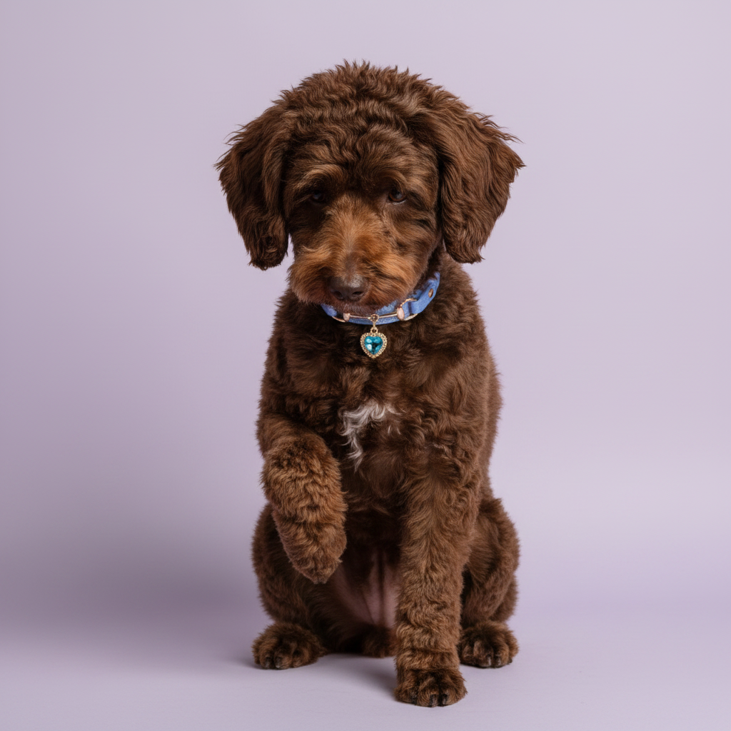 Chocolate brown Toy Poodle puppy seated and facing forward, wearing a light blue leather pet collar with rose gold hardware and a teal crystal heart charm pendant, on a soft lavender background