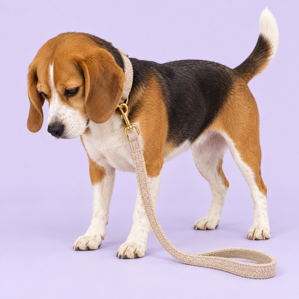 Tricolor beagle in beige teddy fleece collar and leash