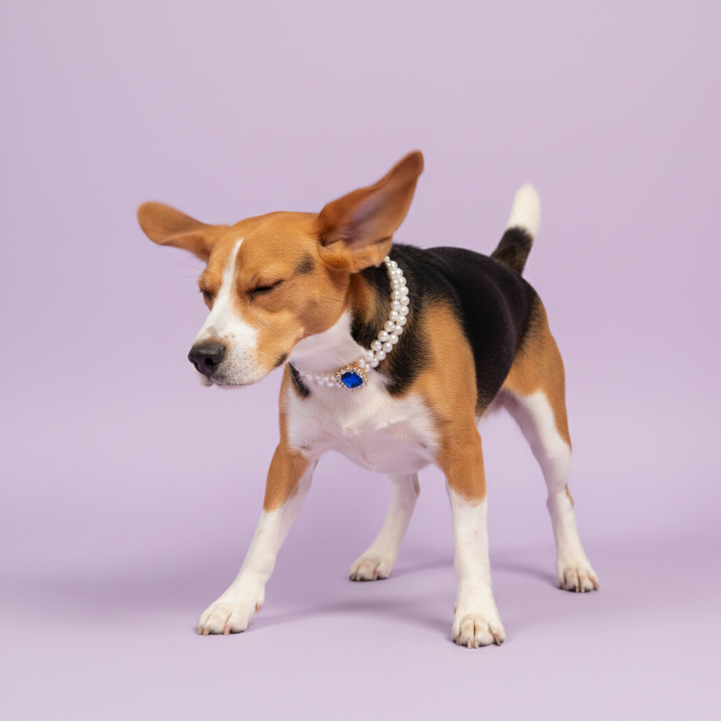 Tricolor Beagle shaking its head and wearing a double pearl collar with a blue gemstone pendant against a lavender background