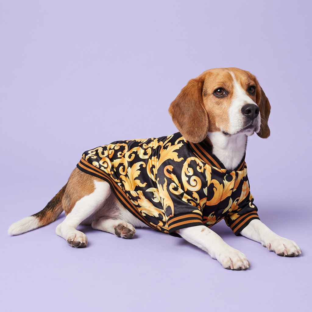 Tricolor beagle reclining on one hip