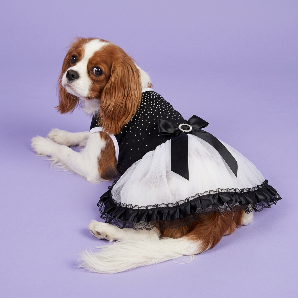 Tricolor Cavalier lounging in the dress