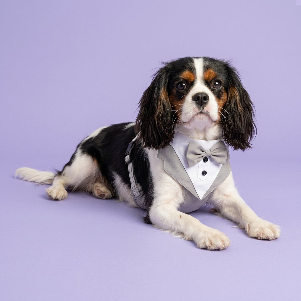 Tricolor Cavalier lounging in the grey tuxedo harness