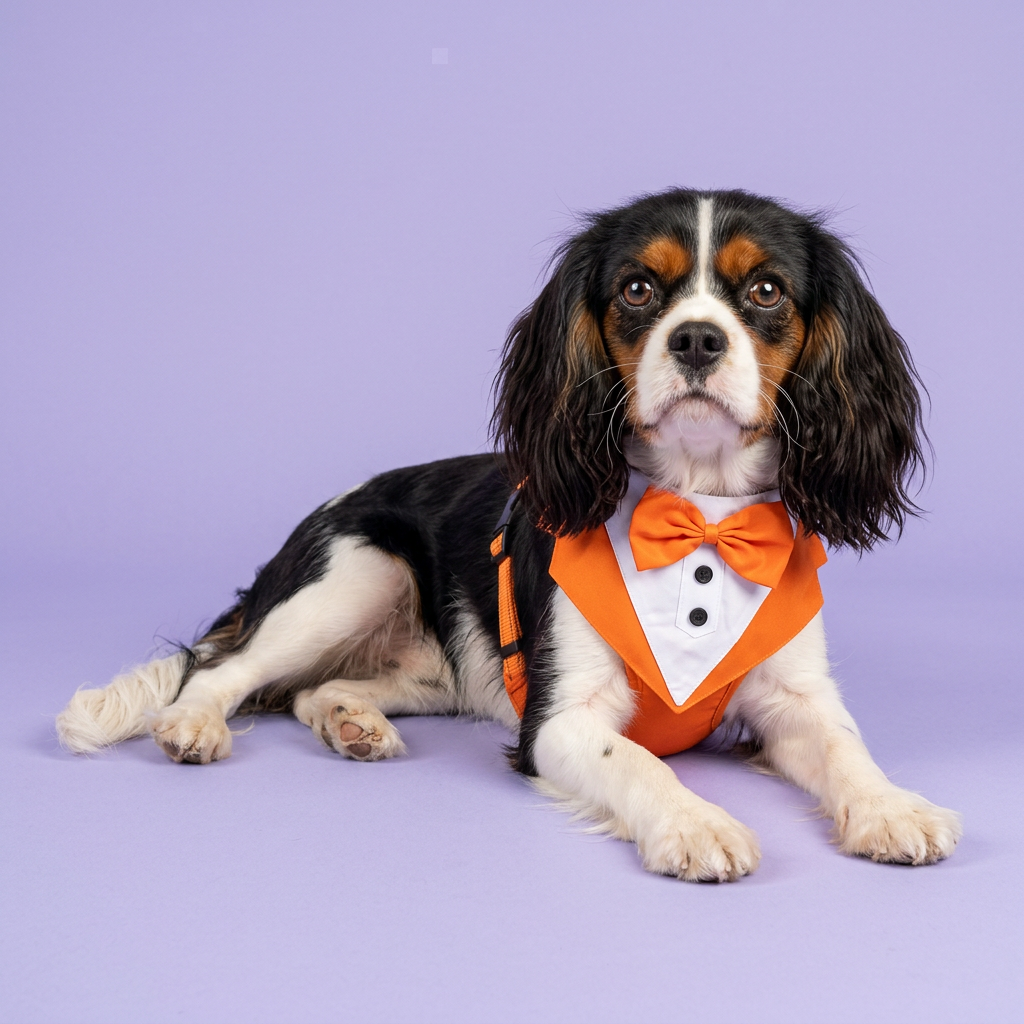 Tricolor Cavalier reclining in the orange tuxedo harness