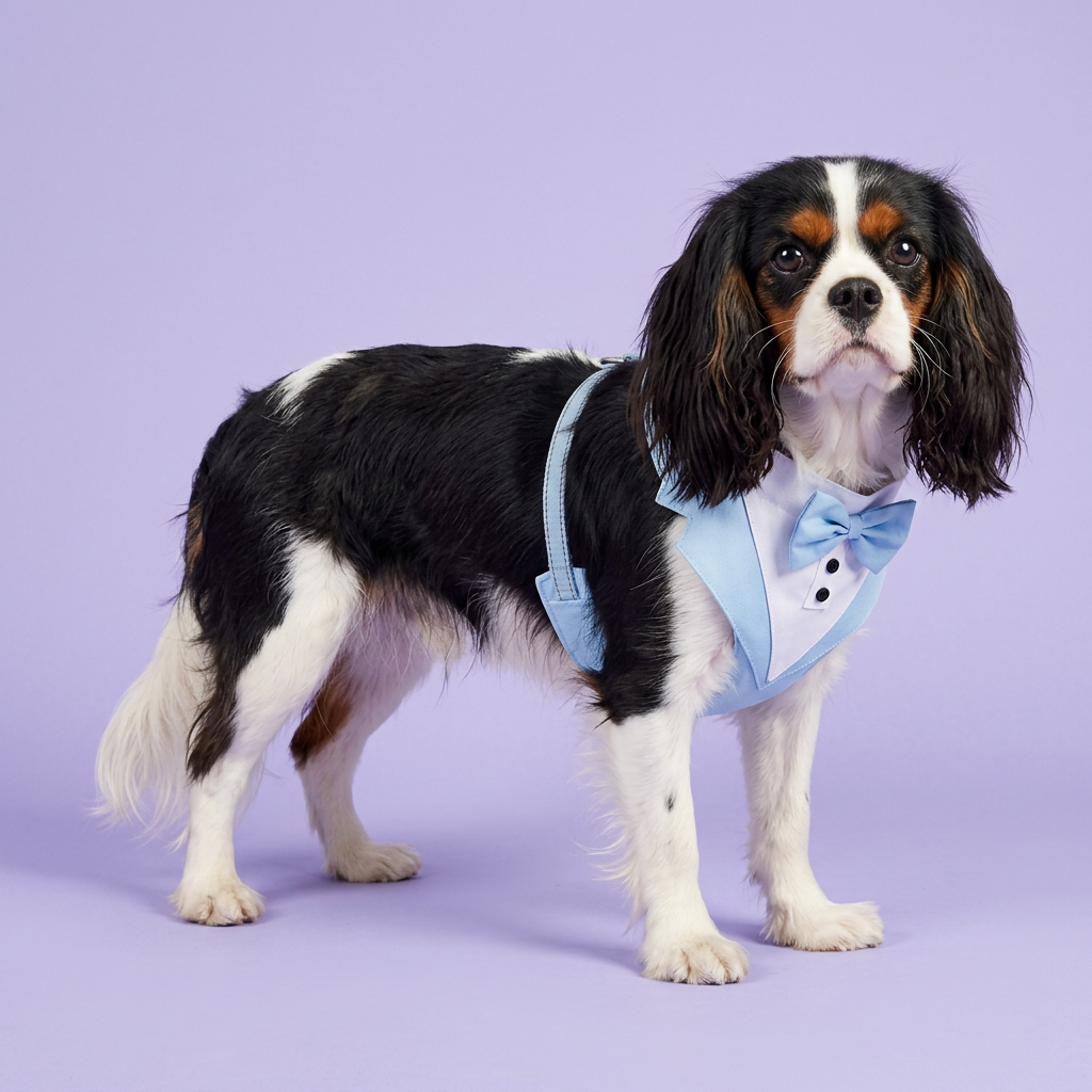 Tricolor Cavalier standing in the light-blue tuxedo harness