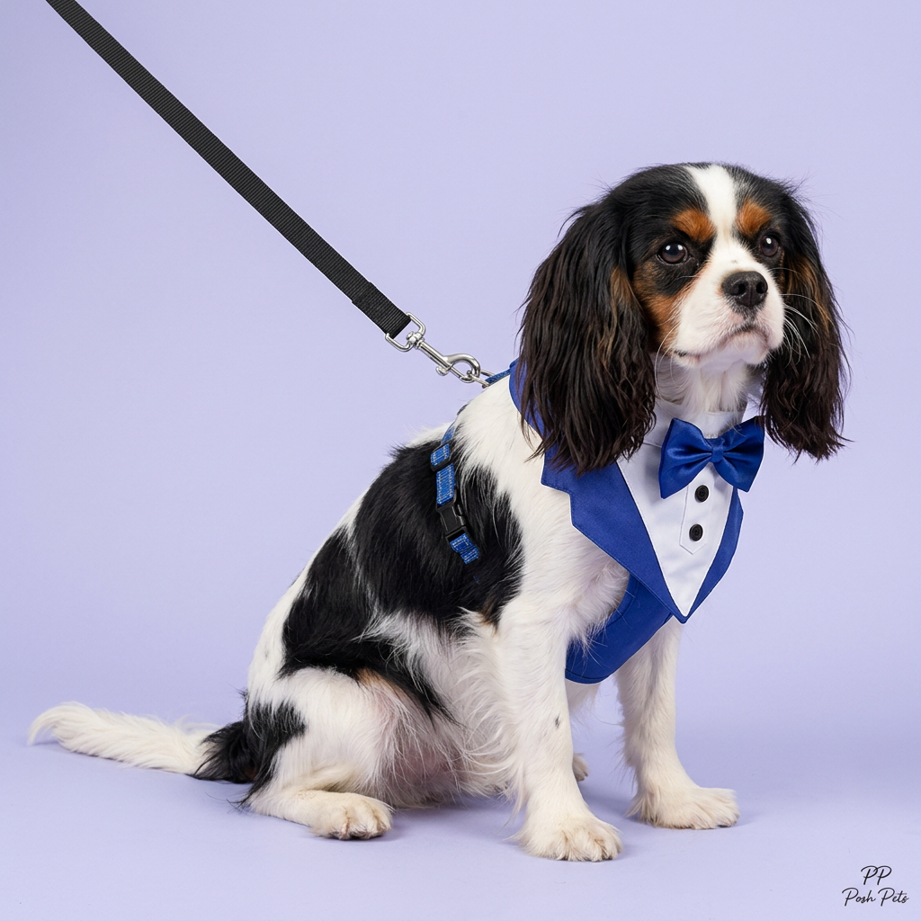 Tricolor Cavalier wearing the royal-blue harness and black leash