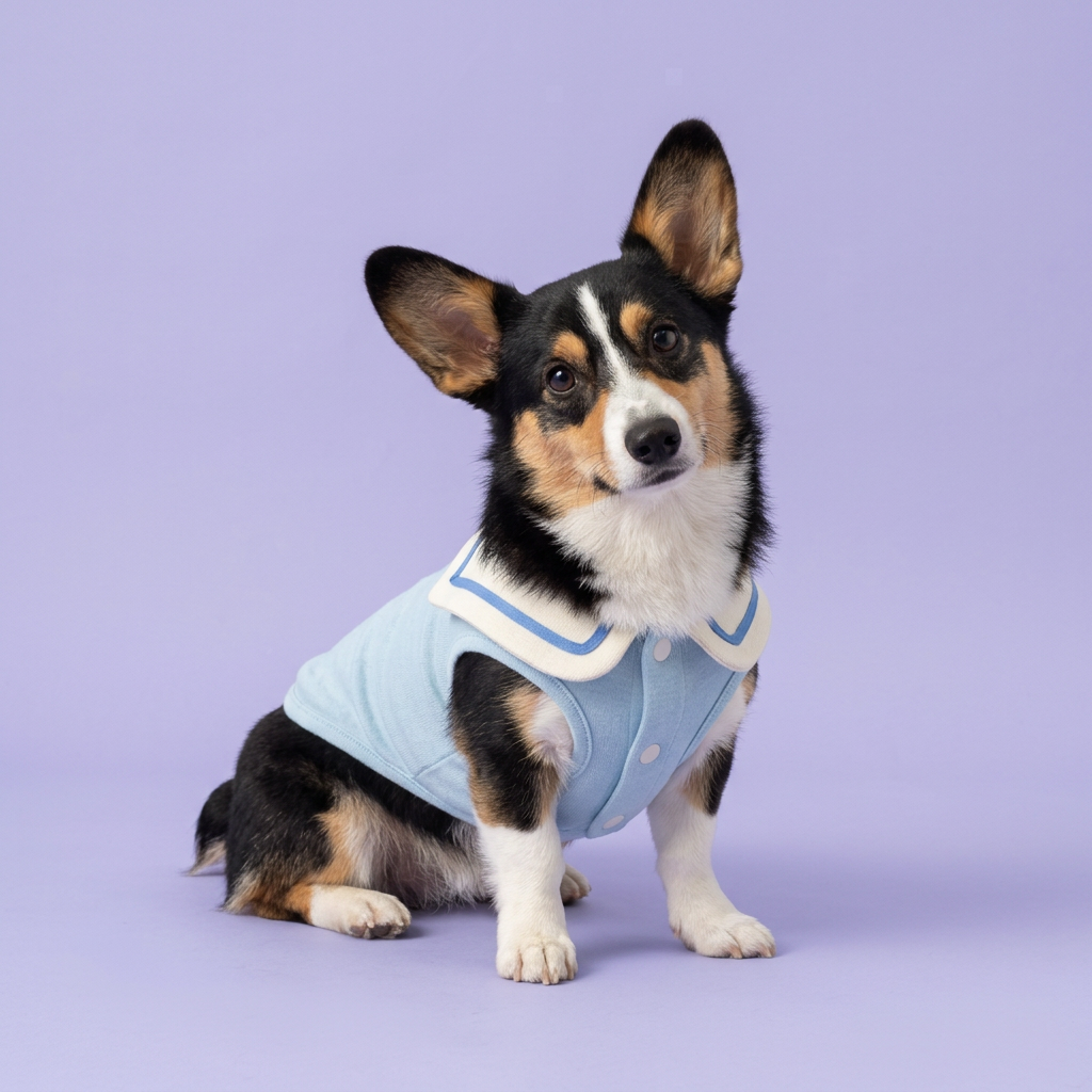 Tricolor corgi seated in the light-blue sailor shirt