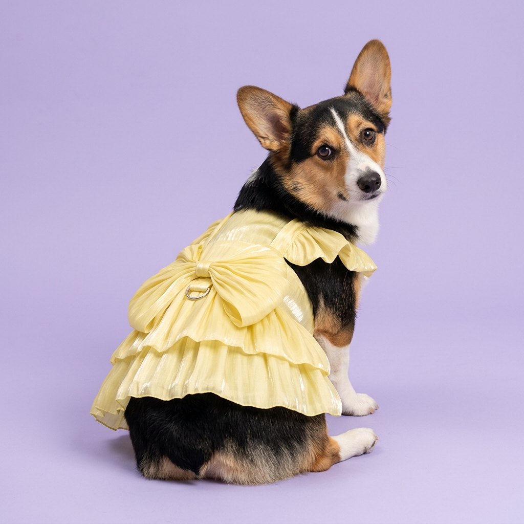 Tricolor corgi showing the yellow back bow