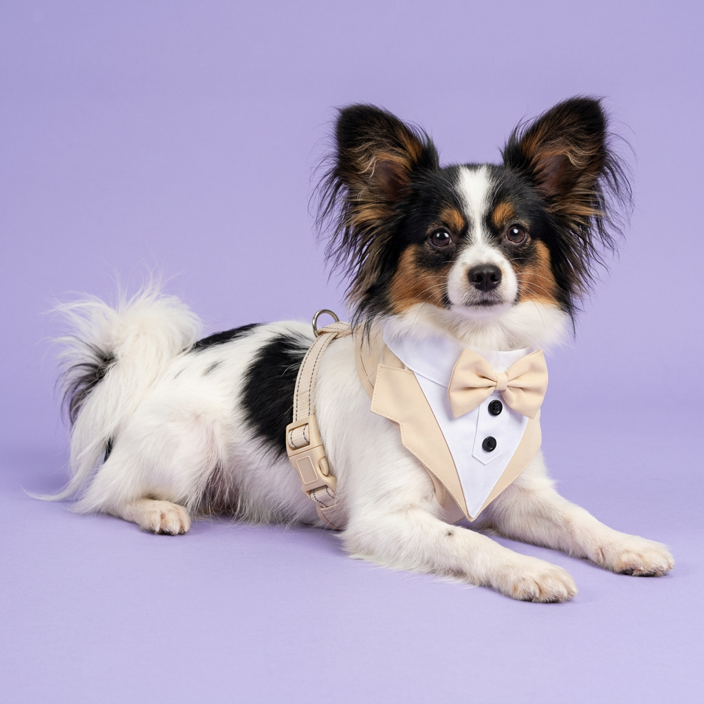 Tricolor Papillon lounging in the cream tuxedo harness