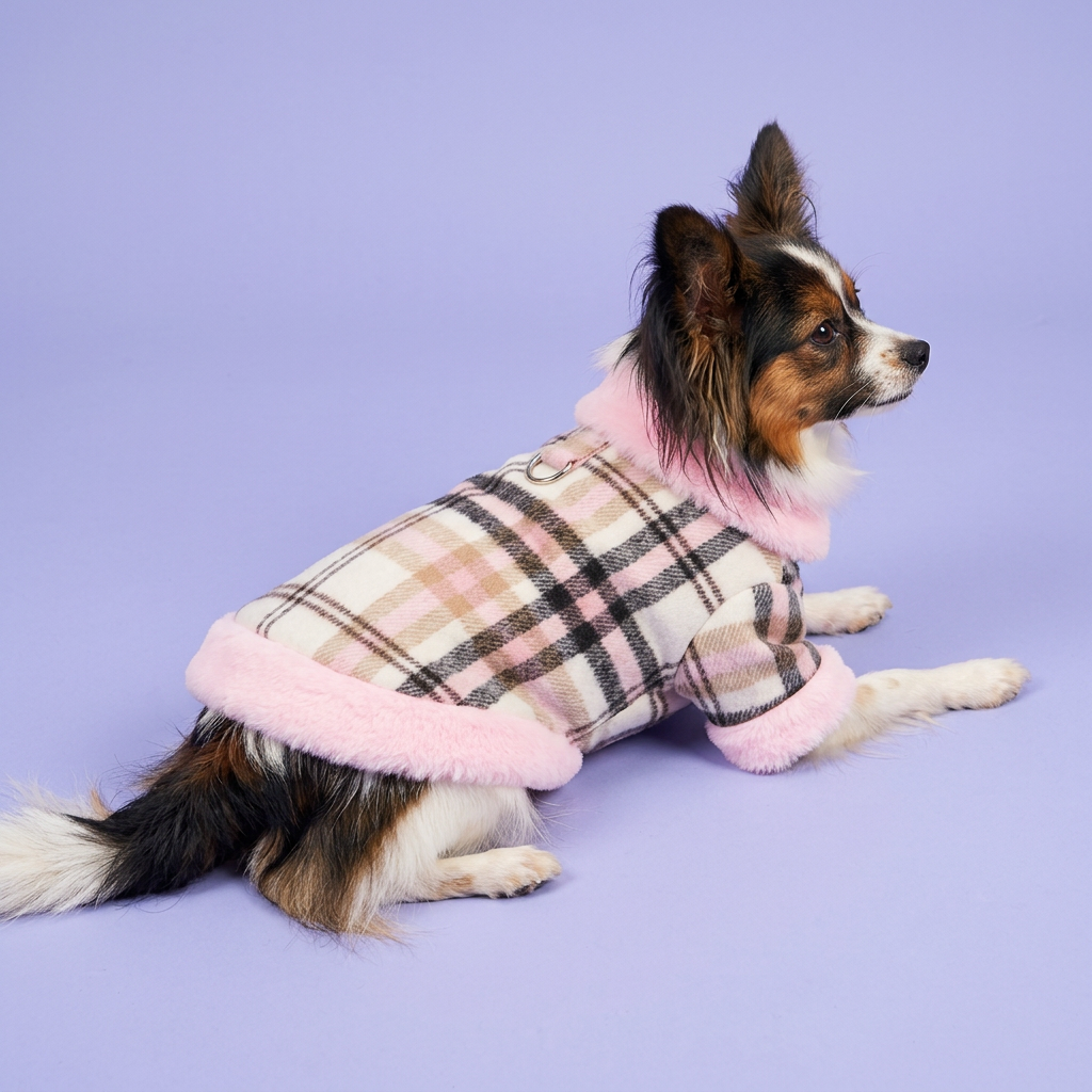 Tricolor Papillon lounging in the pink-trimmed jacket