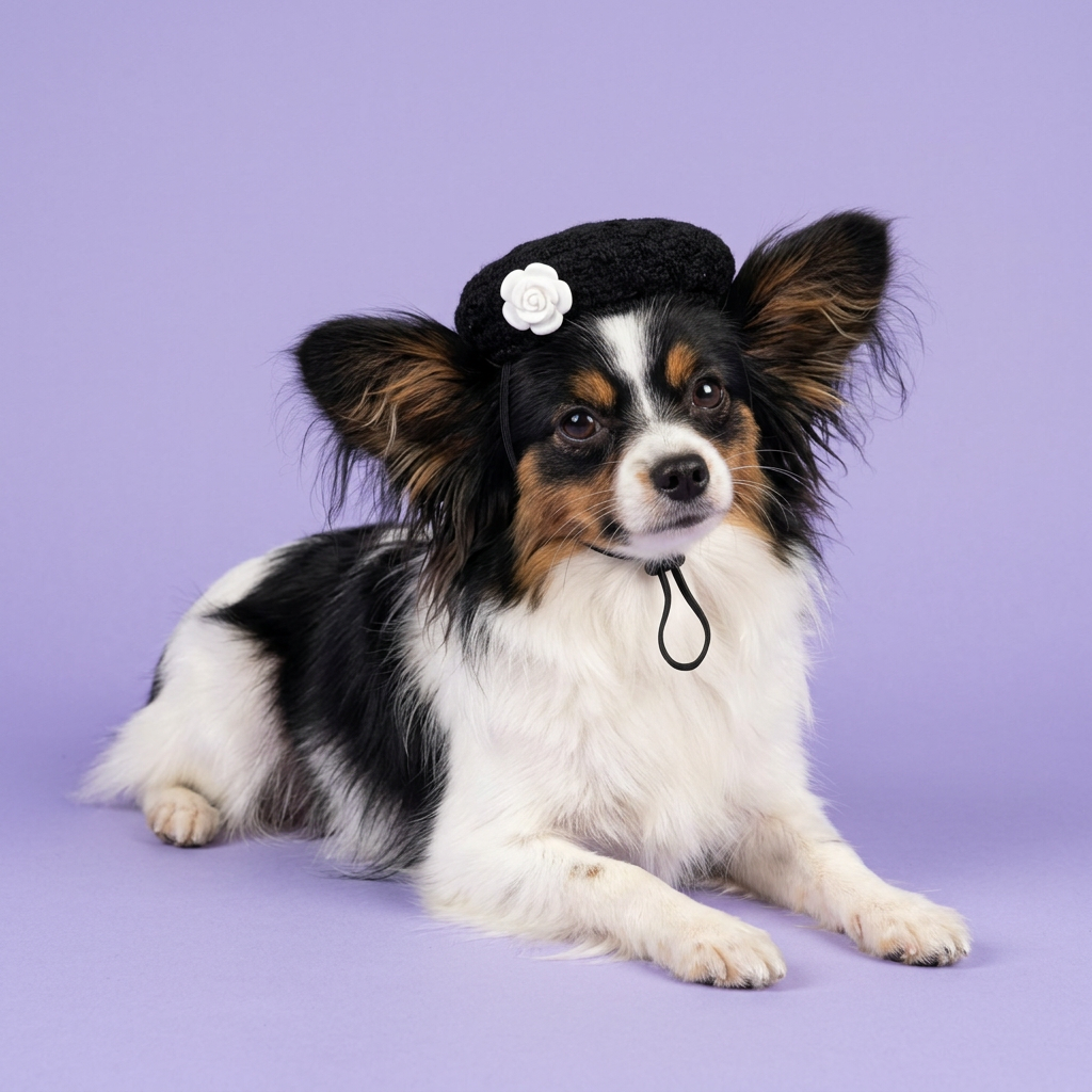 Tricolor Papillon reclining in the black beret