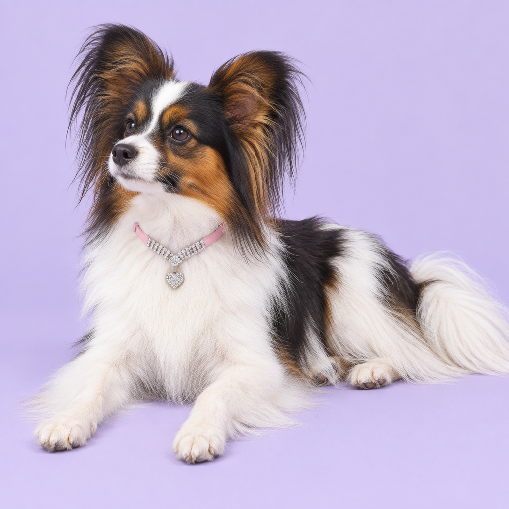 Tricolor Papillon reclining with an off-camera gaze