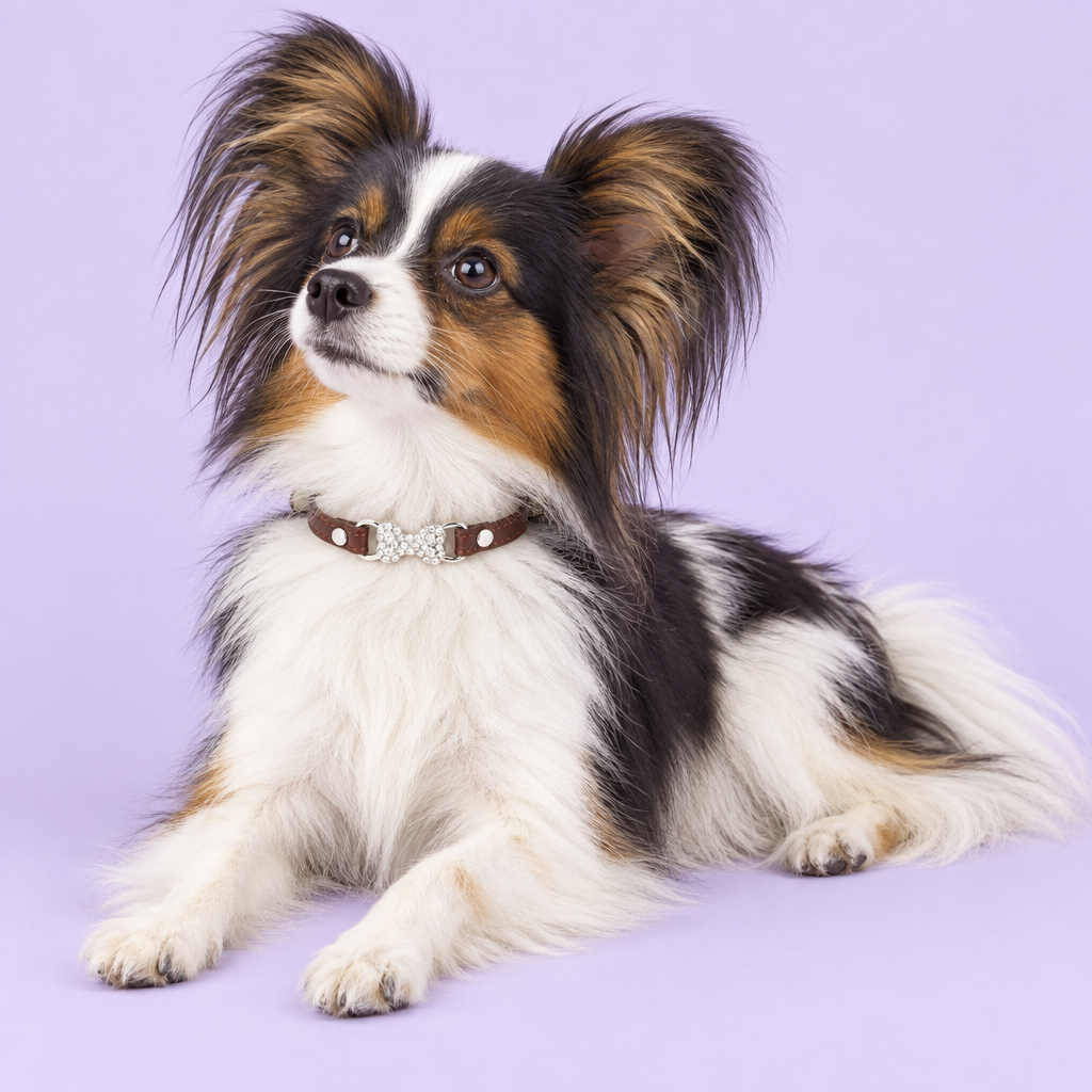 Tricolor Papillon reclining with an upward gaze