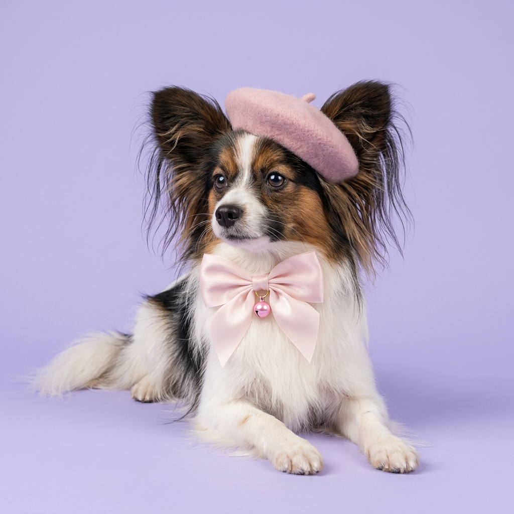 Tricolor Papillon relaxing in the pink beret and bow