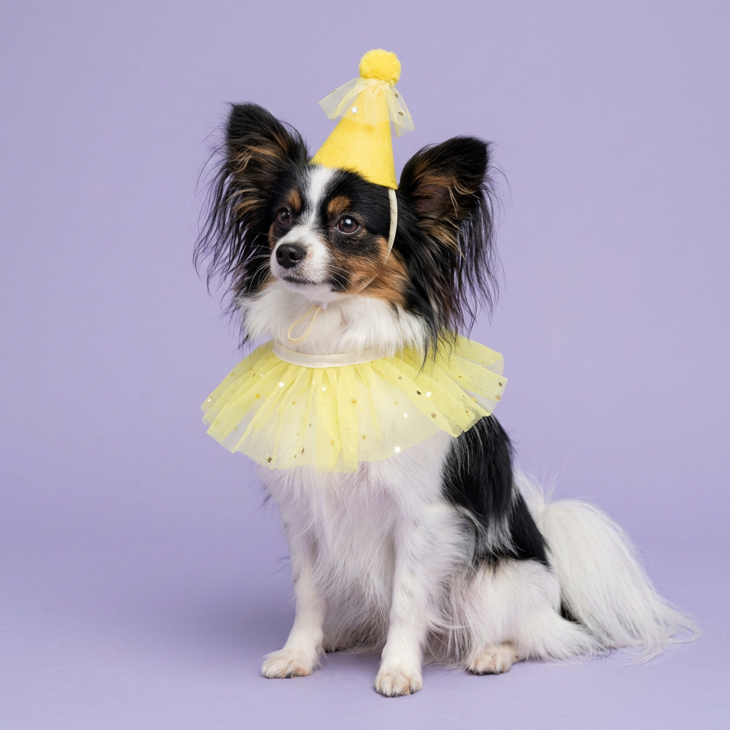 Tricolor Papillon seated in the yellow party set
