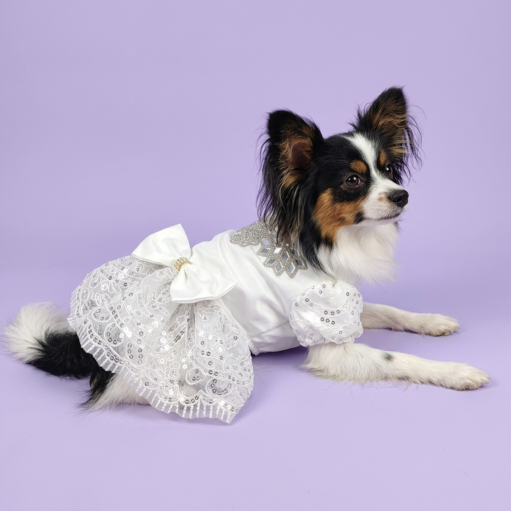 Tricolor Papillon wearing the jeweled white dress