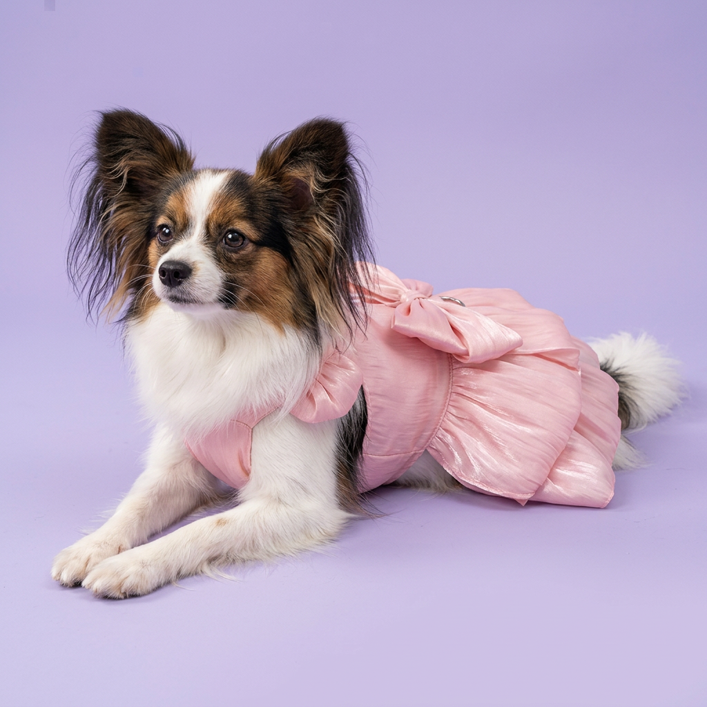 Tricolor Papillon wearing the pink tiered dress