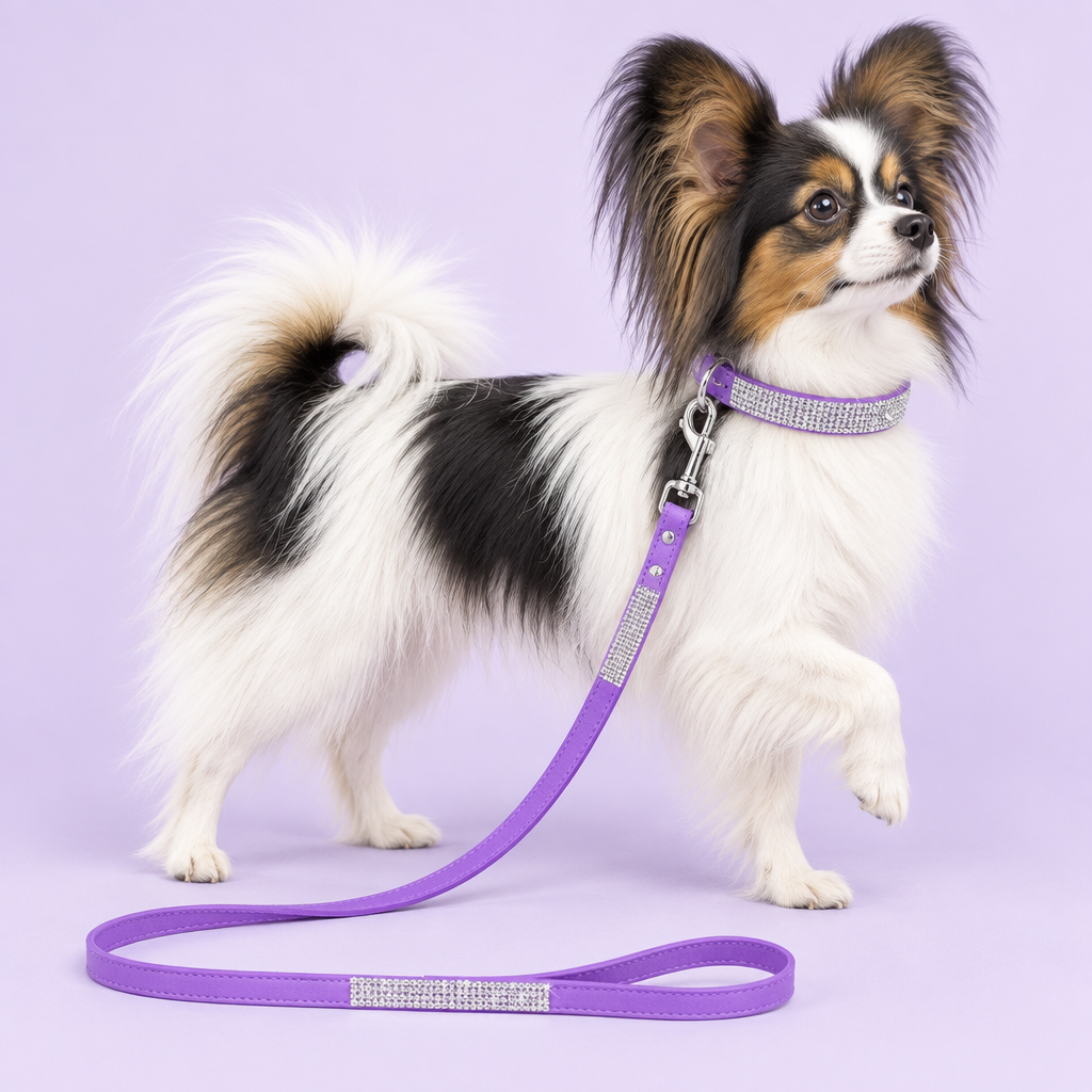 Tricolor Papillon wearing the purple collar and leash