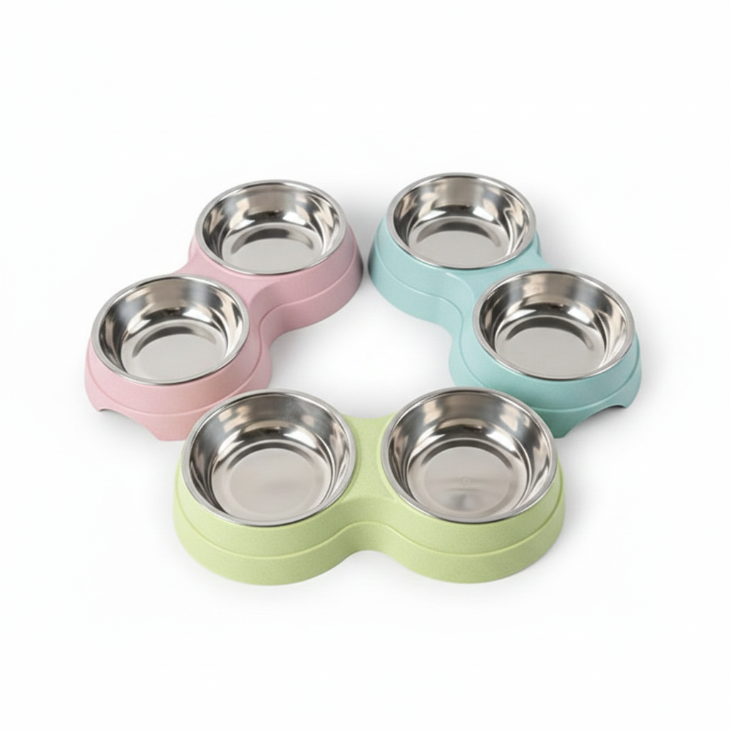 Three double stainless steel pet bowl sets arranged in a circle in pink, blue, and green plastic bases, white background
