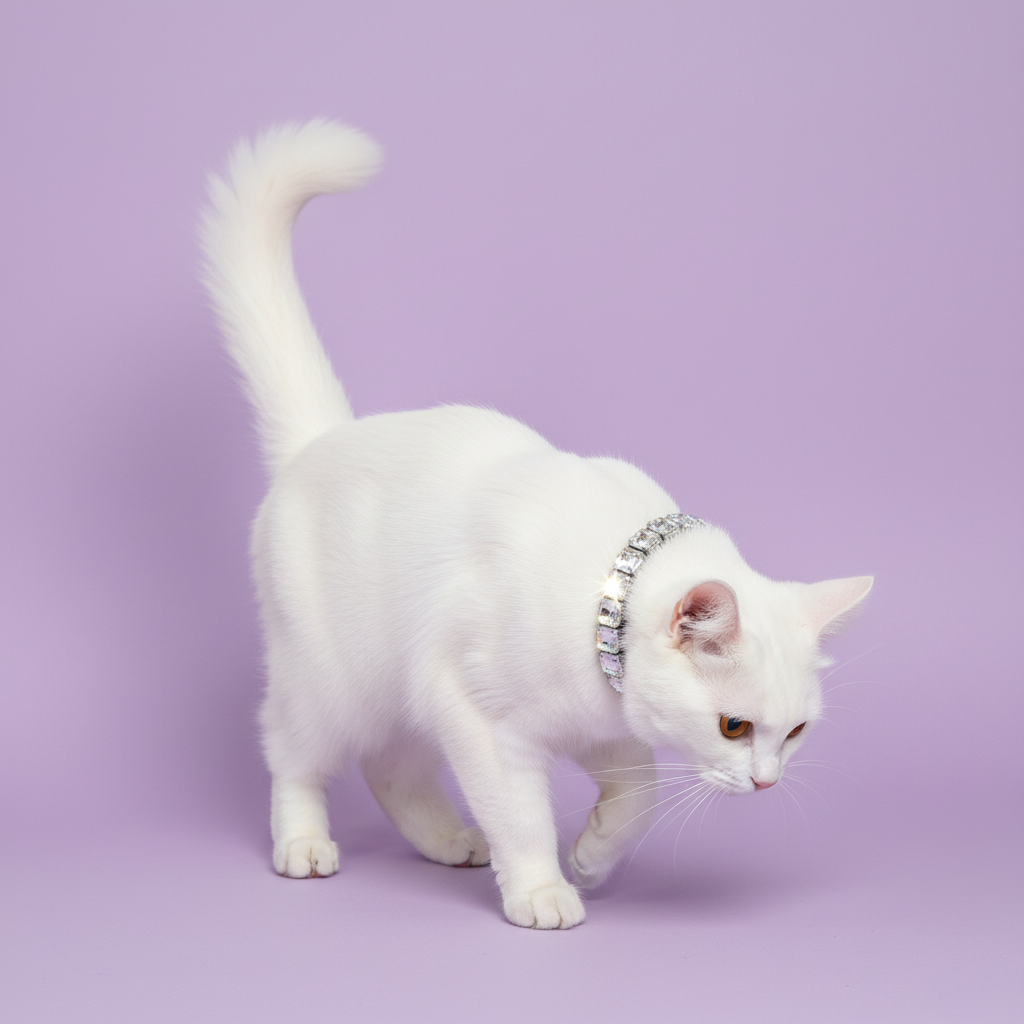 White Turkish Angora cat standing with its tail raised and wearing a clear crystal rhinestone collar against a soft lavender studio background.