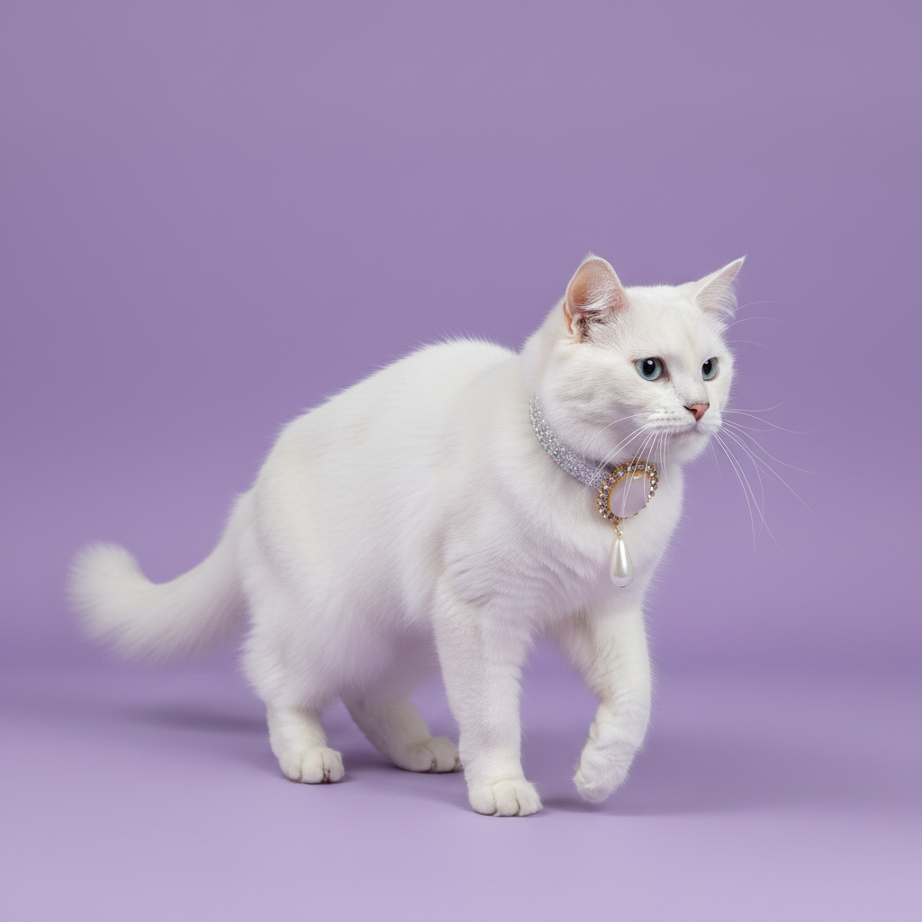 White Turkish Angora cat mid-prance in three-quarter view wearing a silver rhinestone breakaway cat collar with a gold oval pearl and teardrop pendant