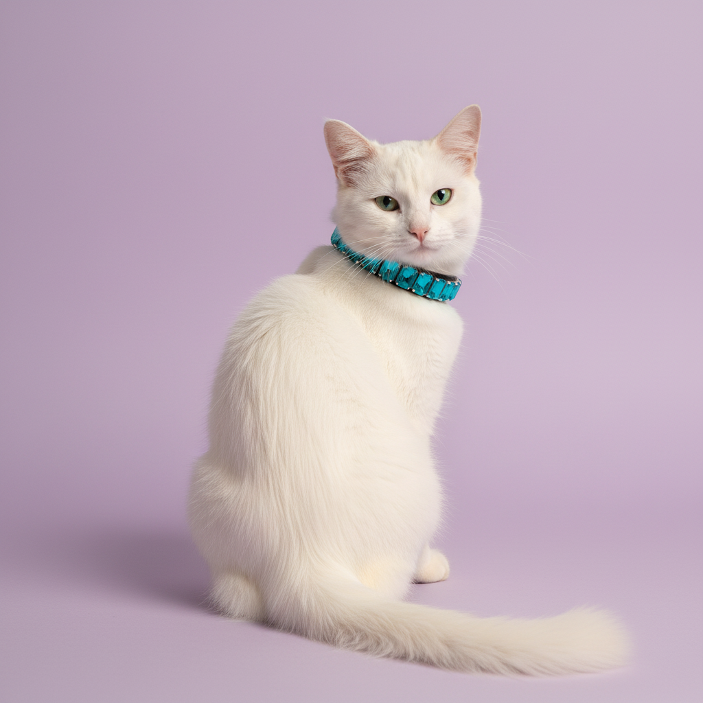 White Turkish Angora cat sitting with its long tail extended and wearing a bright teal rhinestone collar against a soft lavender studio background.⠋