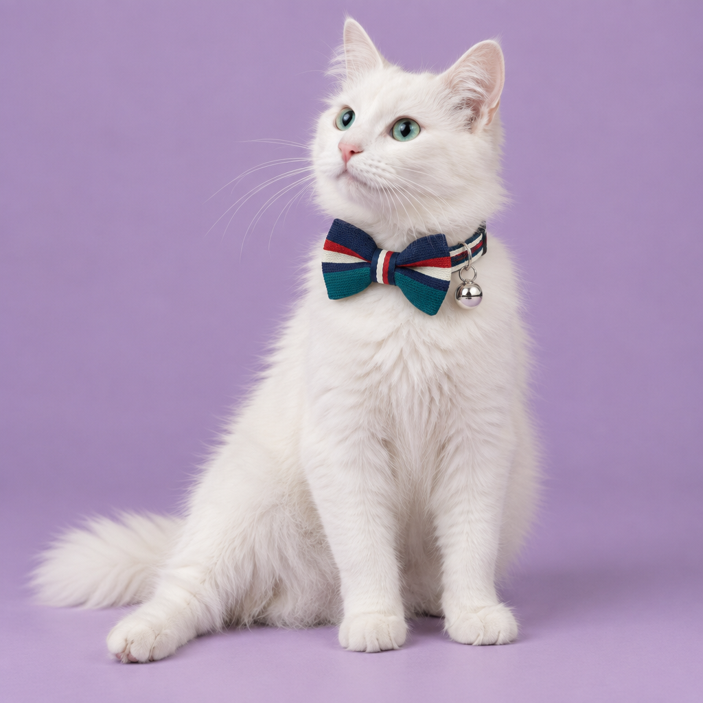 Turkish Angora wearing the teal and navy bow-tie collar