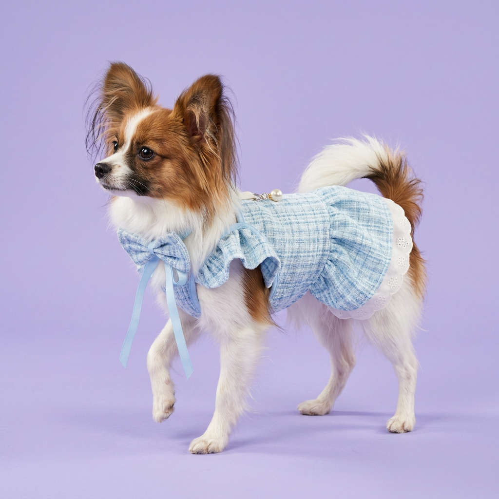 Turning Papillon with a neck-tied bow and blue dress