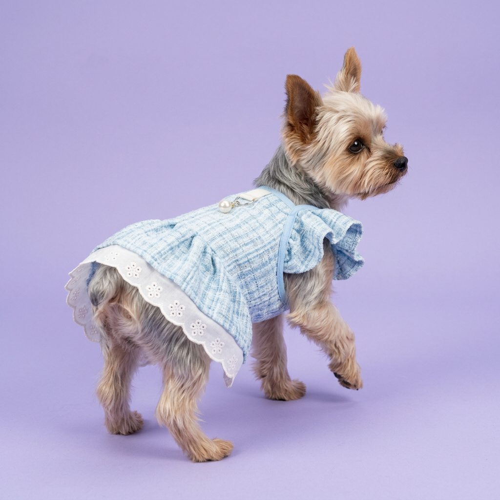 Turning Yorkie in the blue dress