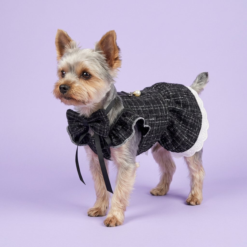 Turning Yorkie with a neck-tied bow