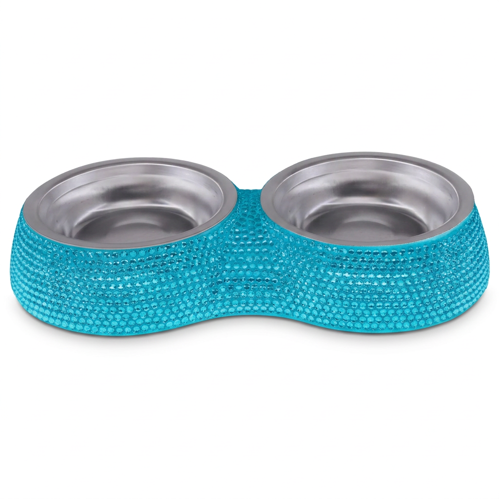 Turquoise recolored rhinestone double diner, straight-on angle on white background