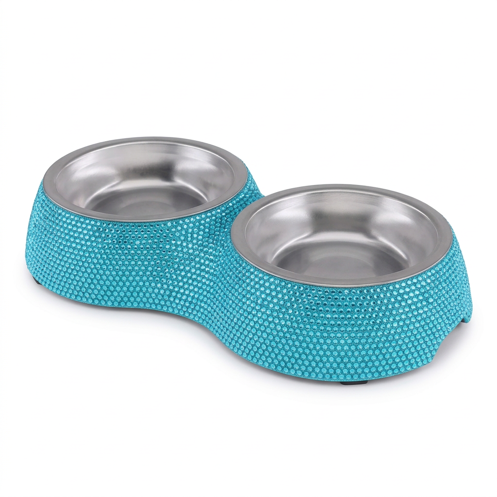 Turquoise recolored rhinestone double diner, three-quarter angle on white background