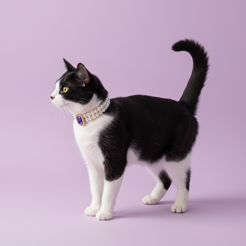 Black and white tuxedo cat standing and looking to the side while wearing a double pearl collar with an amethyst gemstone pendant against a lavender background