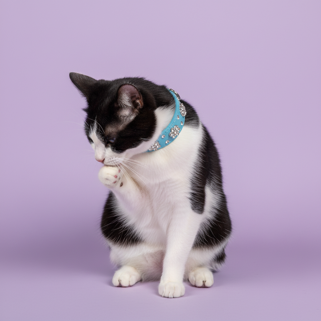 Tuxedo cat wearing a blue rhinestone collar against a soft lavender studio background.