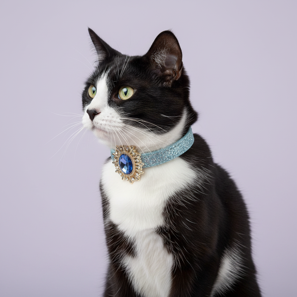 Tuxedo cat sitting in a three-quarter profile gazing to the side wearing a light blue glitter breakaway cat collar with sapphire blue oval crystal sunburst pendant