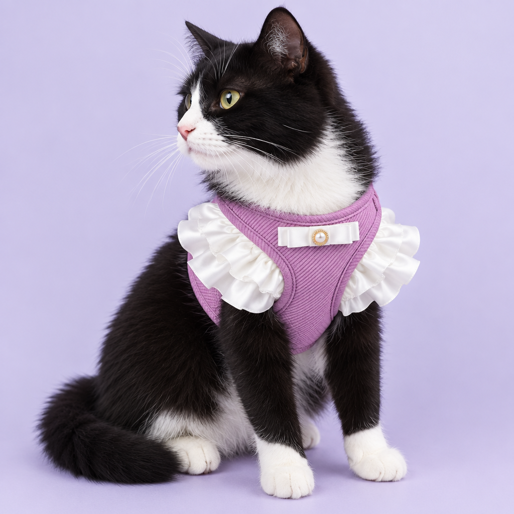 Tuxedo cat in lavender harness without leash